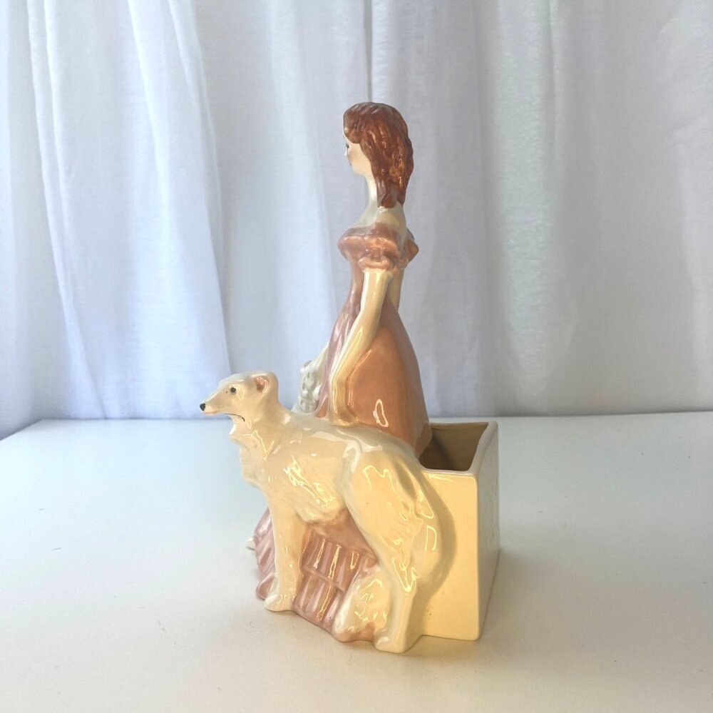 Brayton 1943 Lagua Victorian Lady Planter Vase Russian Wolfhound Borzoi Dogs - Picture 6 of 10